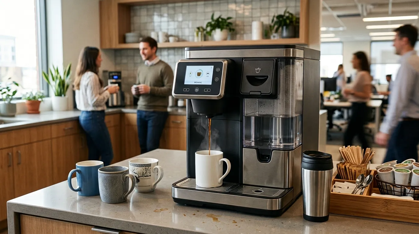 Commercial-style single-serve coffee maker with large water reservoir serving multiple office users during a busy morning