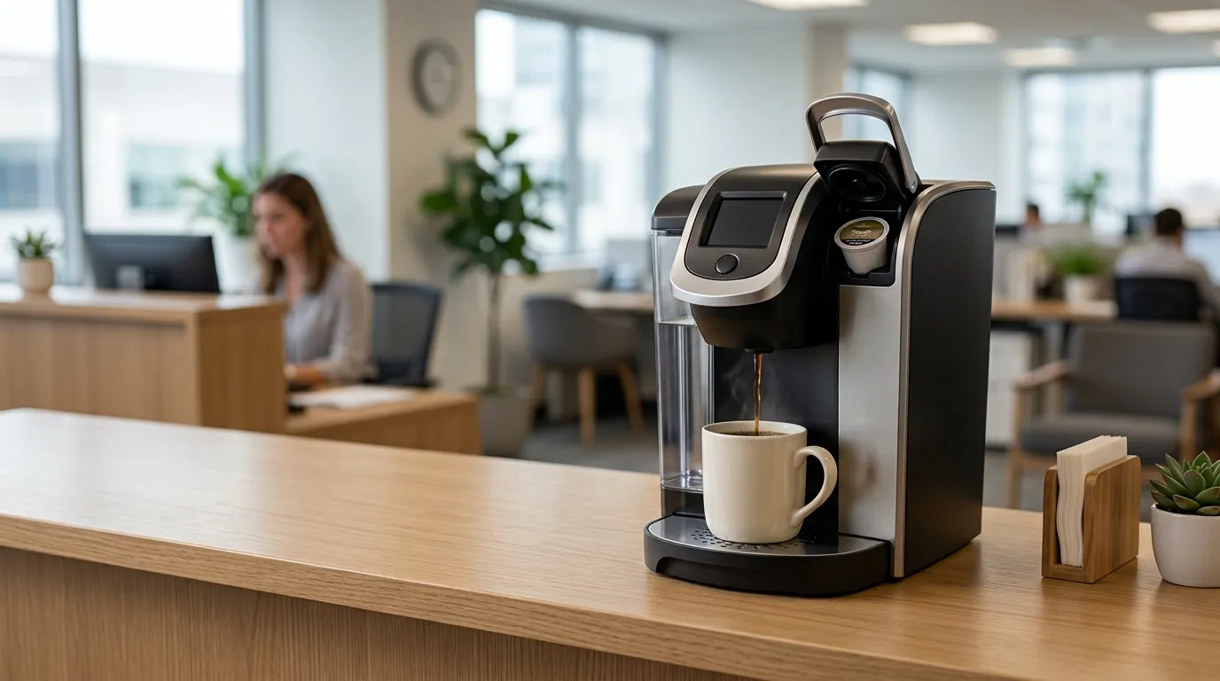 Compact commercial-style coffee maker brewing beside a reception desk in a quiet modern office