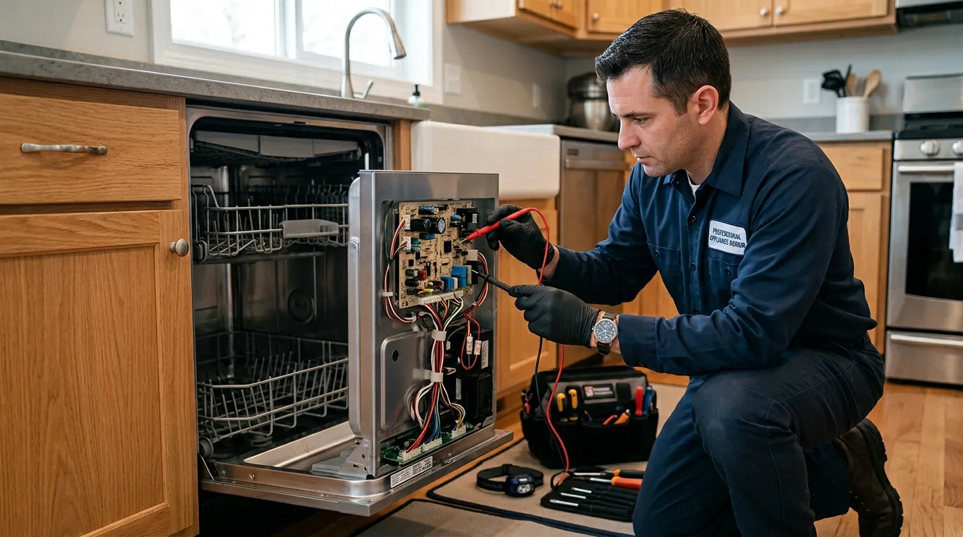 Technician inspecting a dishwasher control board and electrical components during advanced troubleshooting