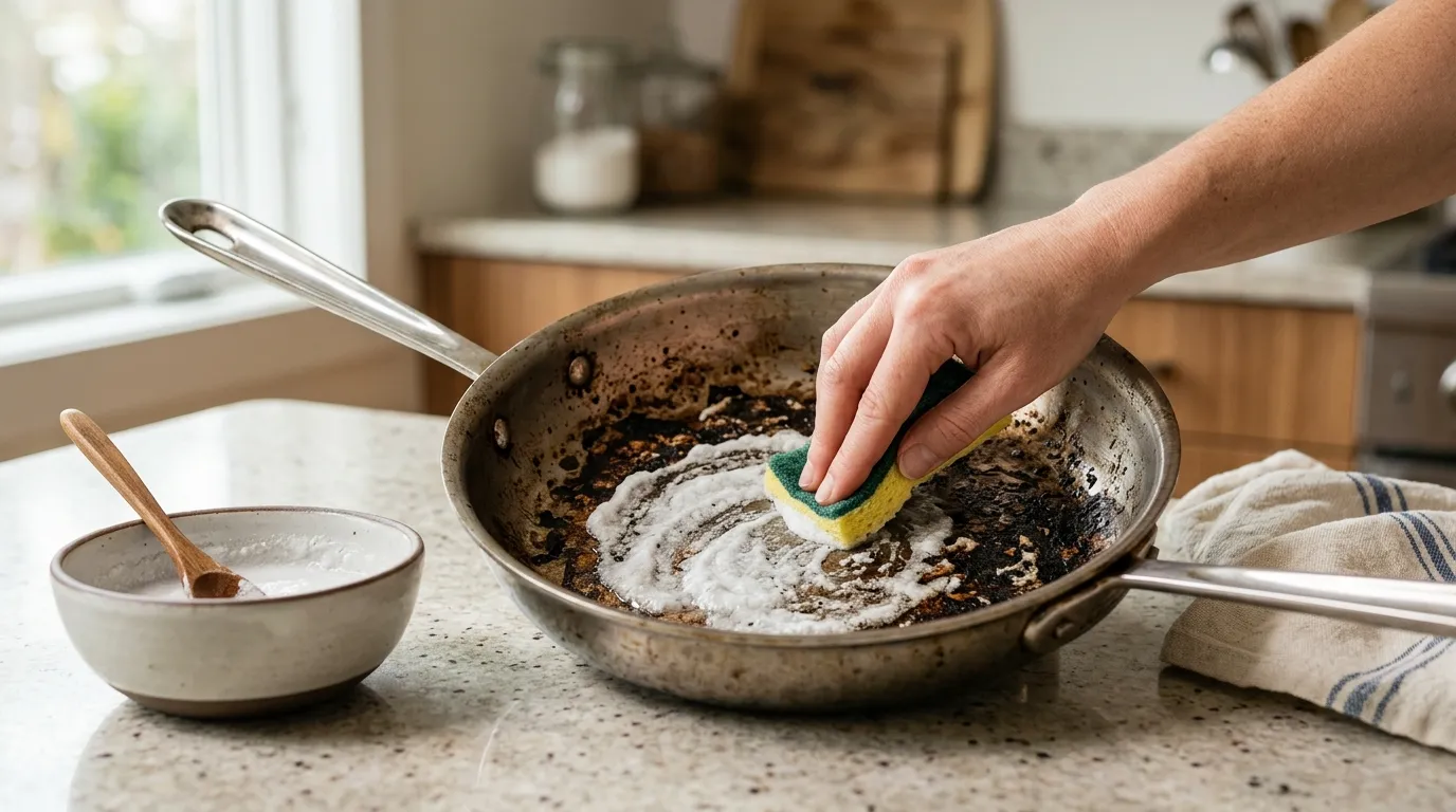 Baking soda paste being gently applied to burnt residue on a stainless steel frying pan