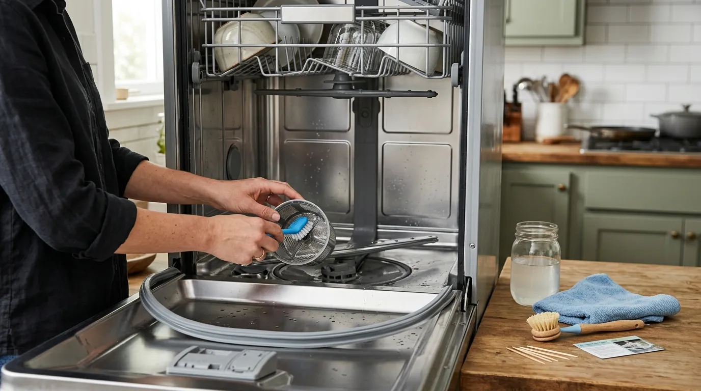 Dishwasher deep cleaning process showing filter, spray arms, door seals, and interior cleaning