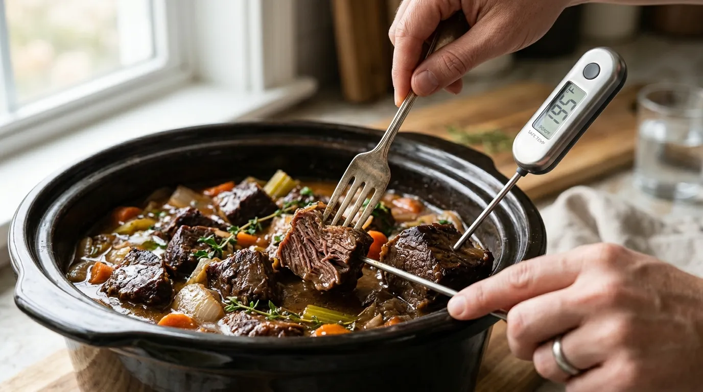 Fork testing tender beef tips alongside a meat thermometer to check slow cooker doneness