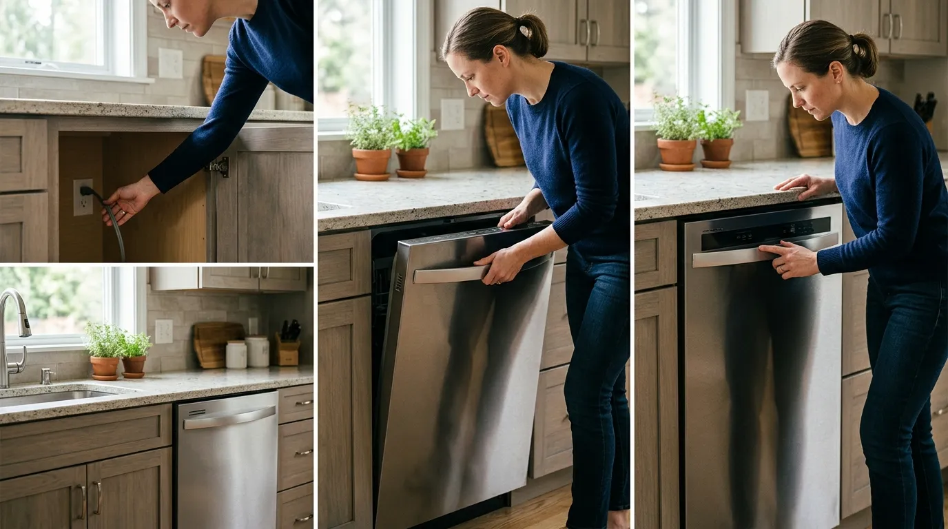Homeowner checking a dishwasher outlet, door latch, and control panel during basic troubleshooting