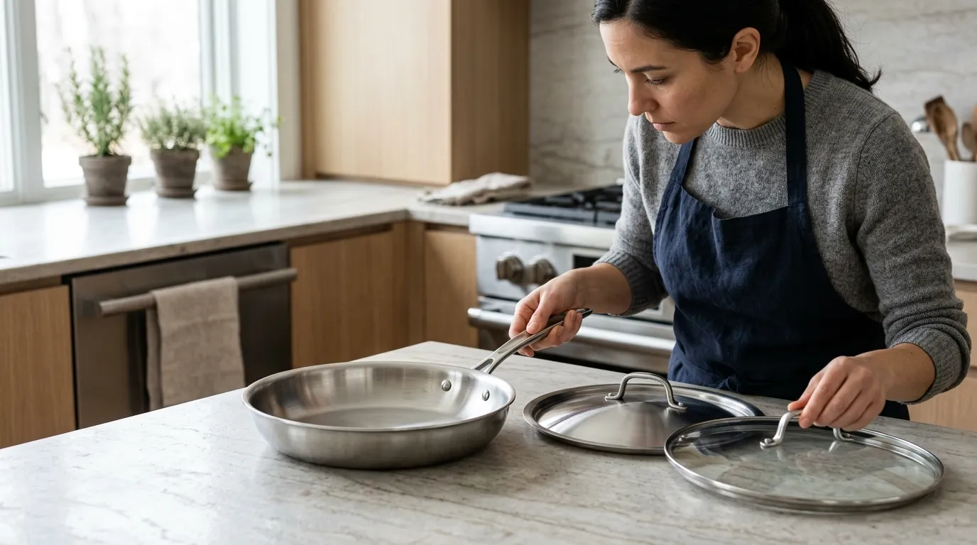 Cook inspecting a frying pan handle and construction before using it in the oven