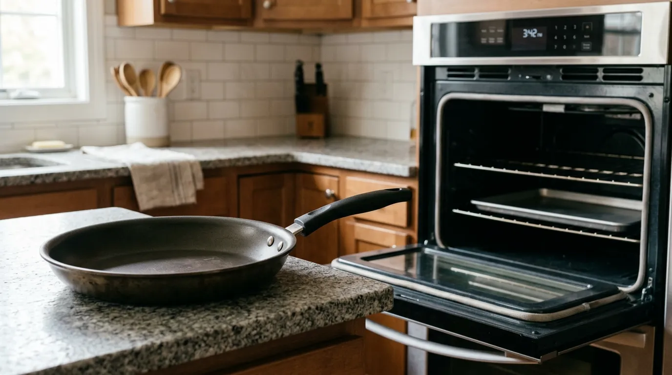 Nonstick frying pan with heat-resistant handle positioned near a kitchen oven for an oven-safety check