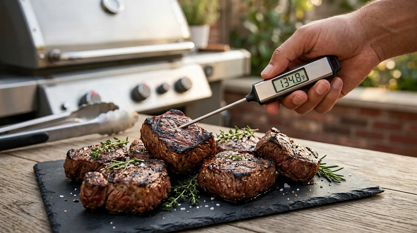 Digital meat thermometer inserted into a grilled steak tip to check internal temperature and doneness