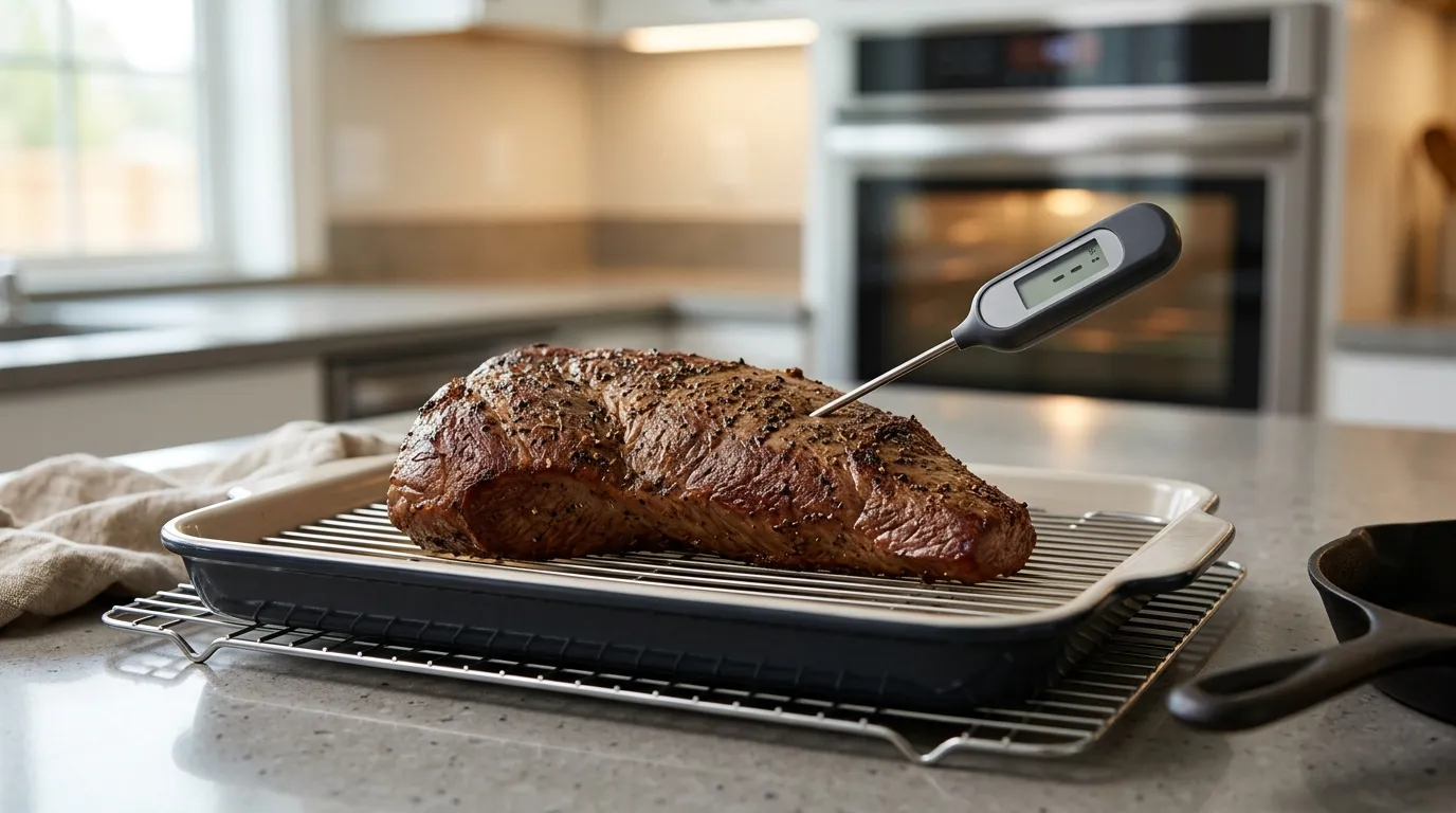 Digital meat thermometer inserted into the thickest part of a roasted tri tip to check internal temperature