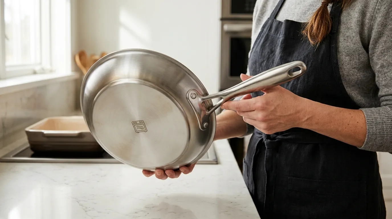 Cook inspecting the bottom and handle of a frying pan before placing it in the oven