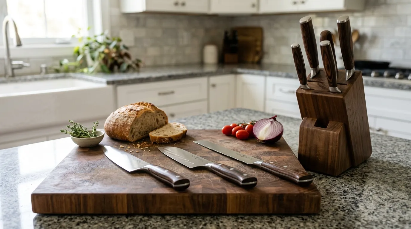 Chef’s knife, santoku, bread knife, and matching knife block arranged in a home kitchen