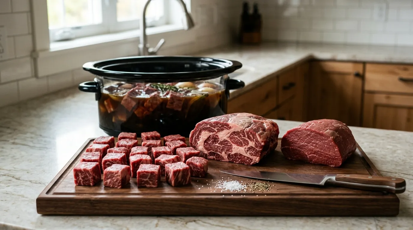 Chuck roast, stew meat, and lean beef cuts shown for slow cooker beef tips preparation