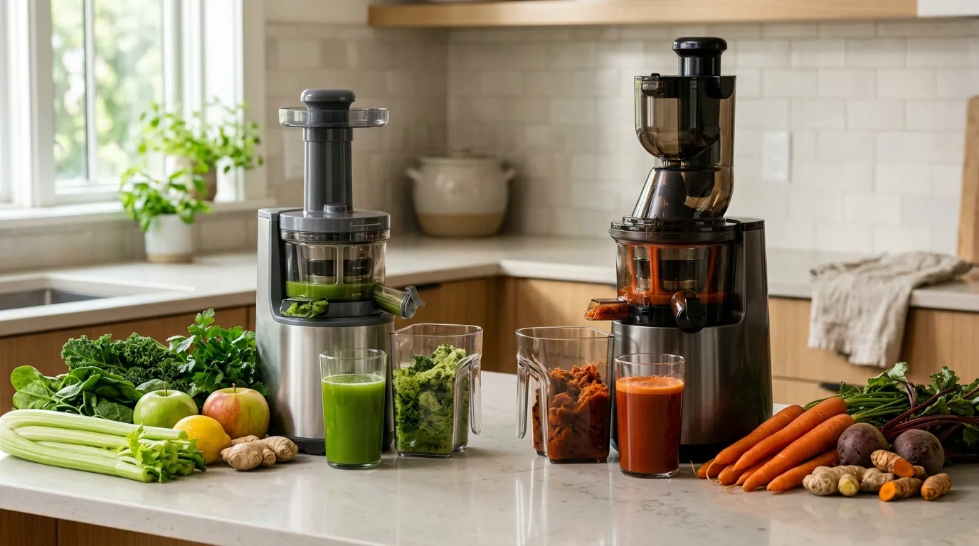 Two cold press juicers shown with different fresh ingredients for everyday green drinks and hard-root juicing