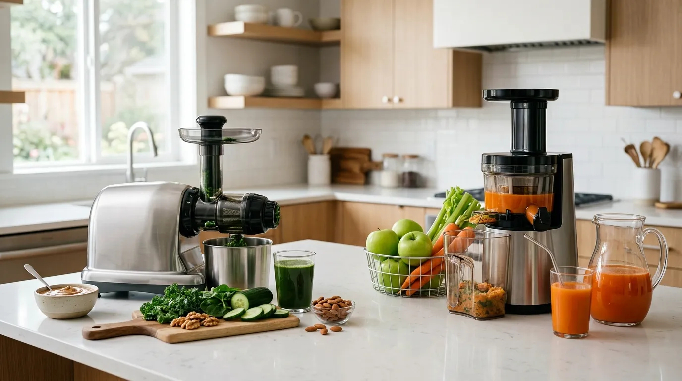 Two cold-press juicers shown in a modern kitchen with fresh produce and juice representing different lifestyle priorities