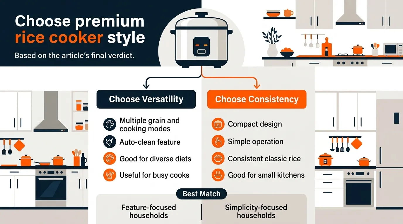 Two premium rice cooker options representing versatility and consistent everyday rice cooking for different household needs