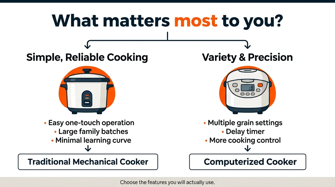 Decision guide comparing simple rice cookers with computerized models for different cooking preferences