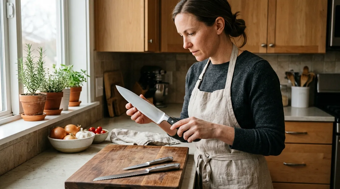 Home cook choosing between a practical chef’s knife and specialized kitchen knives for different cooking needs