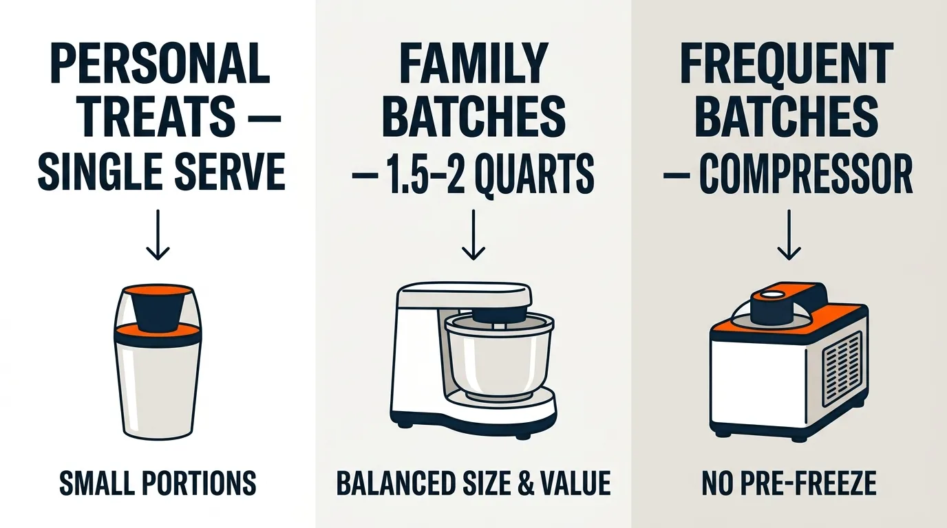 Compact ice cream maker choices arranged for single servings, family batches, and frequent dessert making