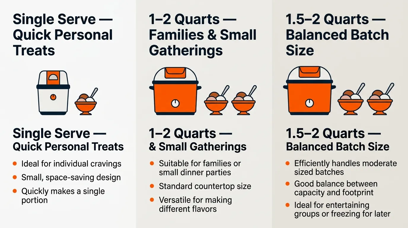 Compact ice cream makers with different bowl sizes arranged to show single-serve and family batch capacity