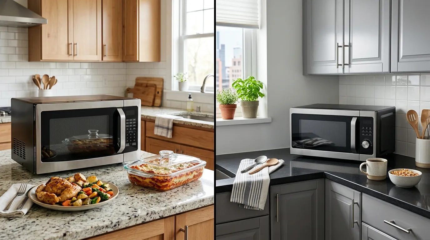 Large countertop microwave in a spacious family kitchen compared with a compact microwave in a small kitchen
