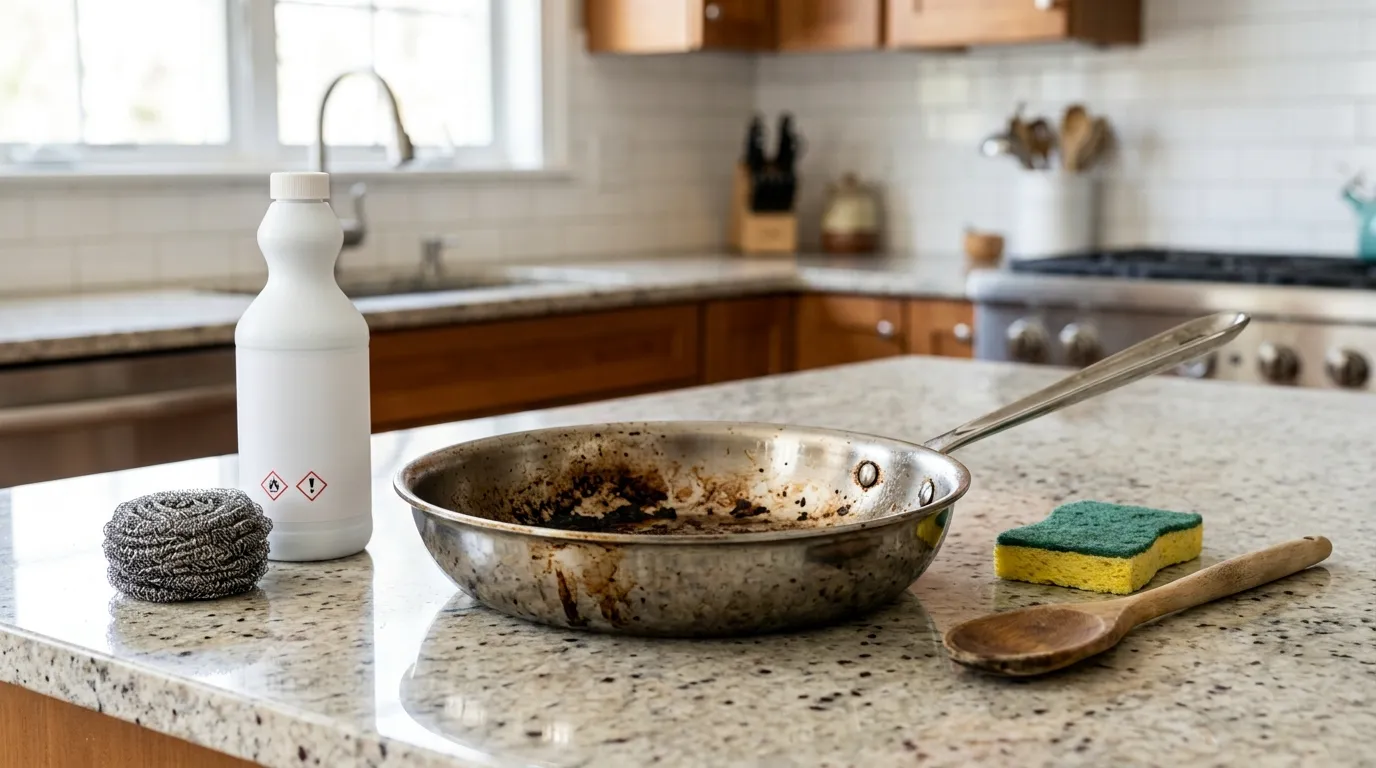 Stainless steel frying pan with steel wool and harsh cleaner shown as cleaning methods to avoid