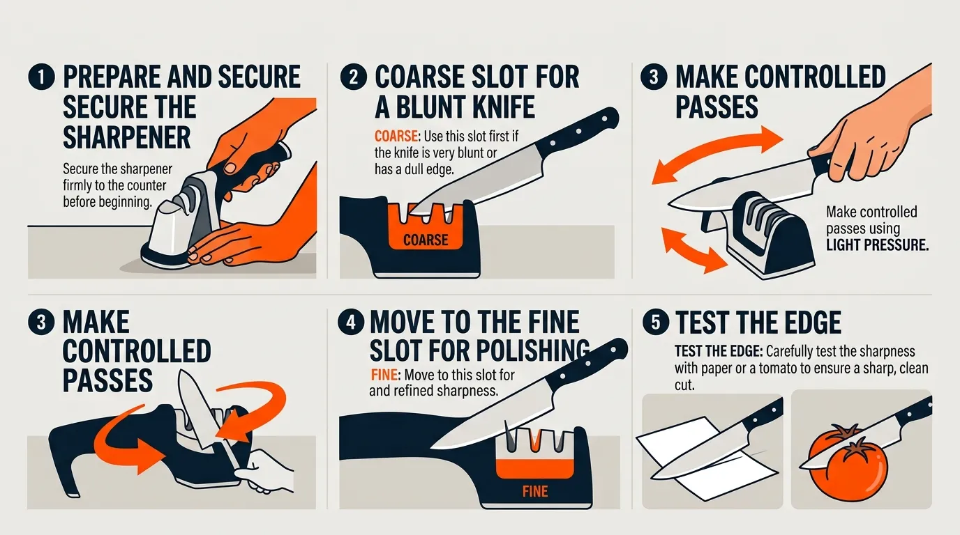 Knife sharpening sequence showing coarse sharpening followed by fine polishing and a careful edge test