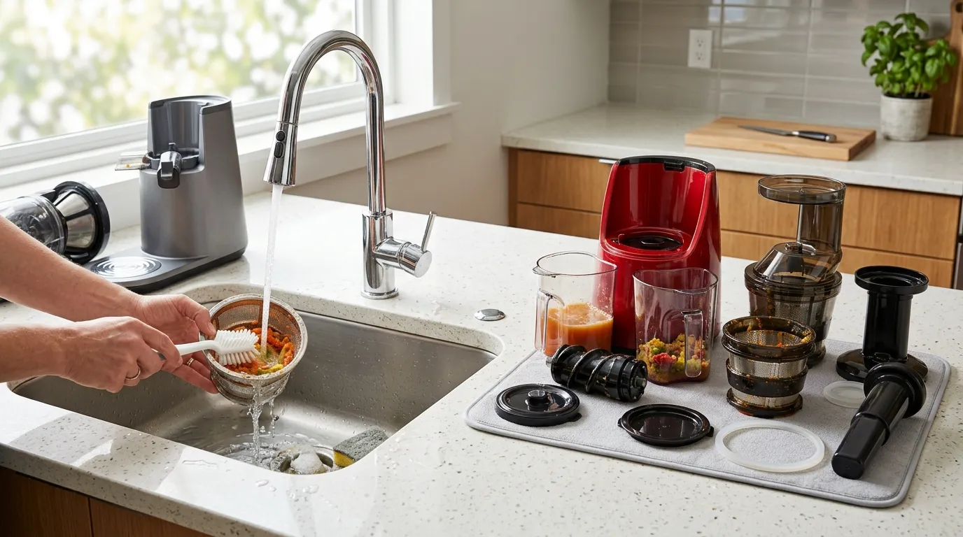 Two cold-press juicers with removable parts arranged for simple rinsing and cleanup after juicing