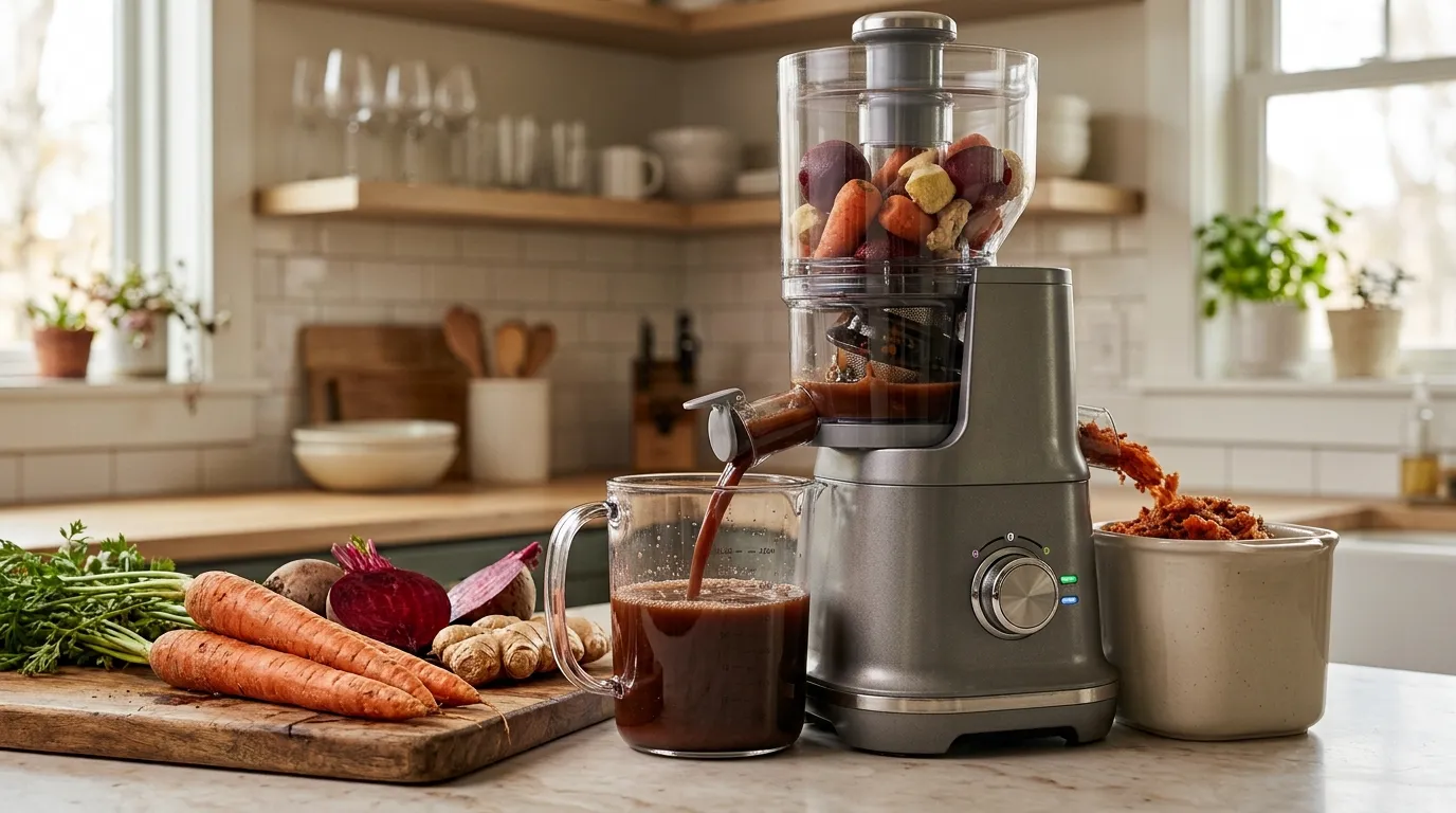 Vertical cold press juicer processing carrots and beets while hard-root ingredients are prepared nearby