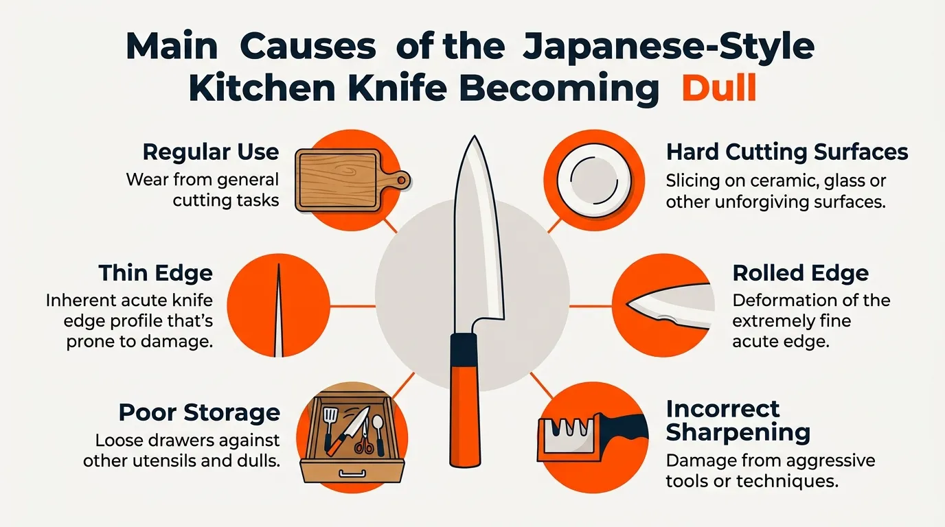 Japanese-style kitchen knife showing edge wear from hard cutting surfaces, improper storage, and regular use