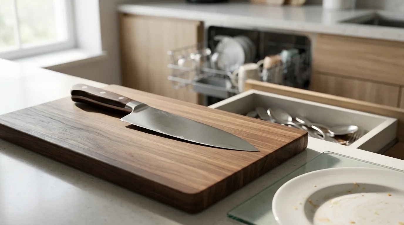 Kitchen knife affected by hard cutting surfaces, improper storage, and misuse that can dull the blade edge