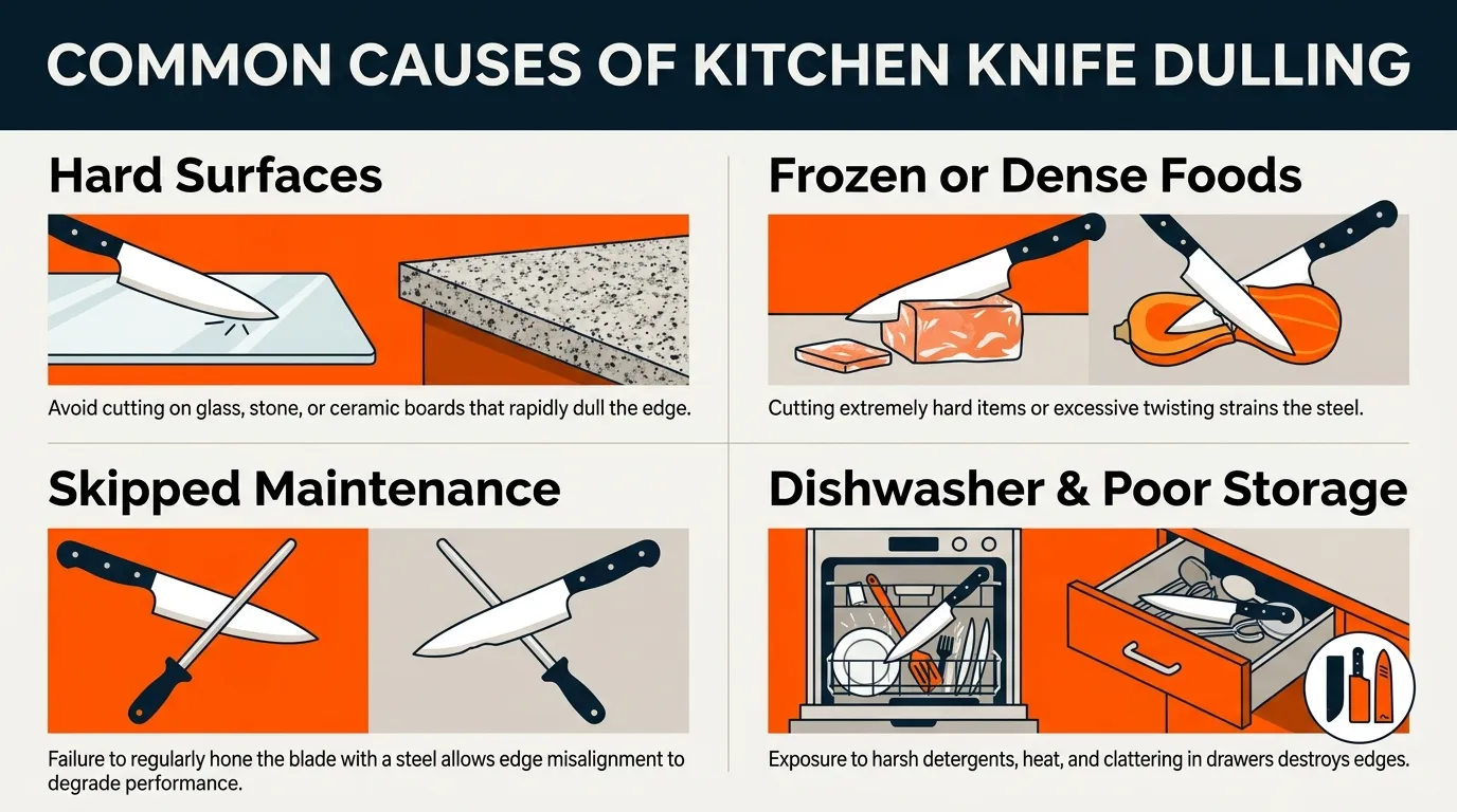 Kitchen knife shown with hard cutting surfaces, frozen food, dishwasher exposure, and improper storage as common causes of dulling