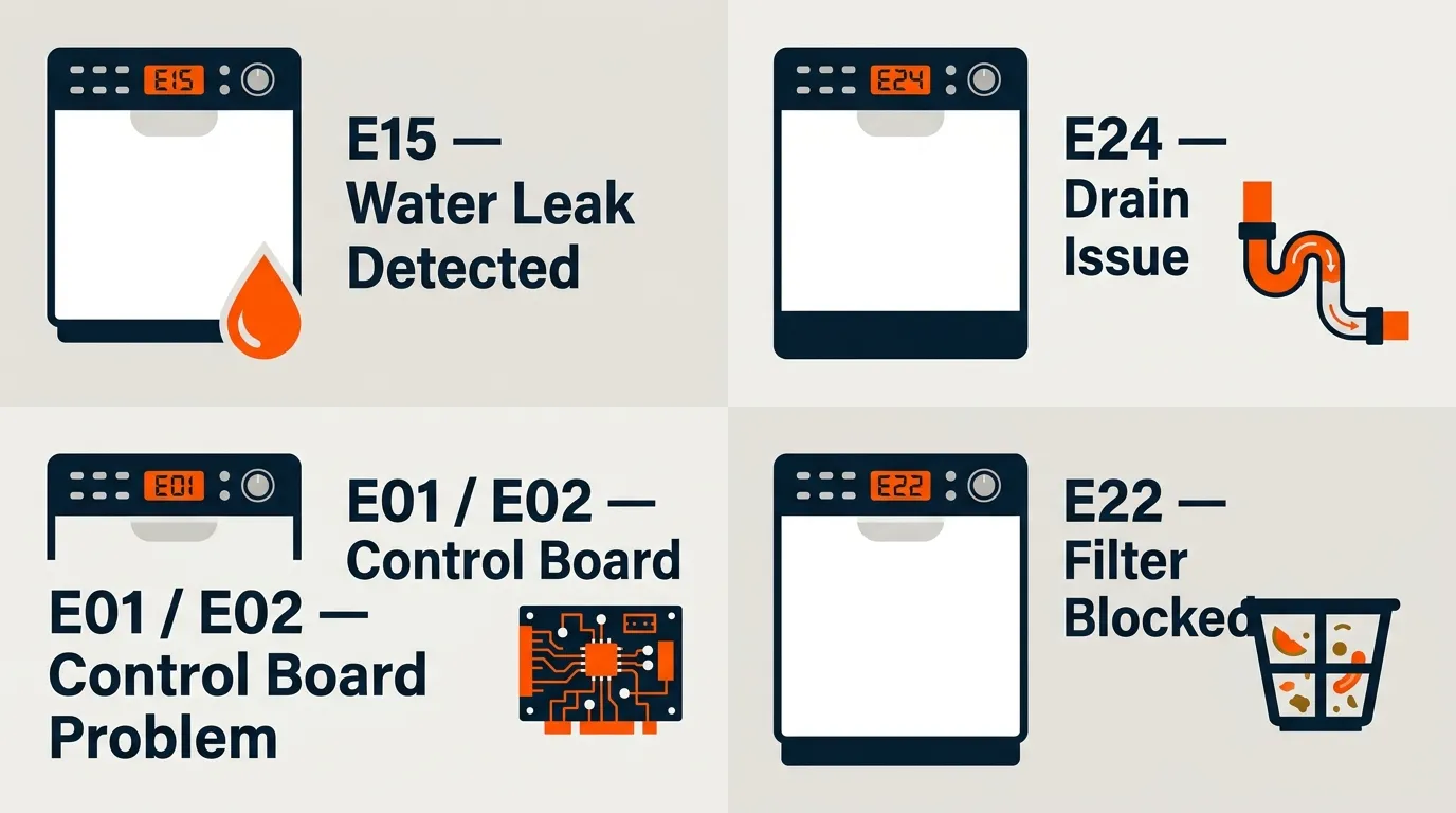 Dishwasher control panel displaying common error codes with explanations for water leak, drain, control board, and filter problems