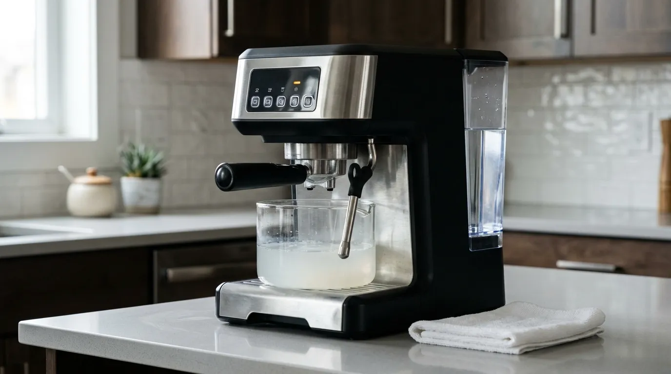 Espresso machine troubleshooting setup showing a descale indicator, water tank, collection container, and fresh water rinse
