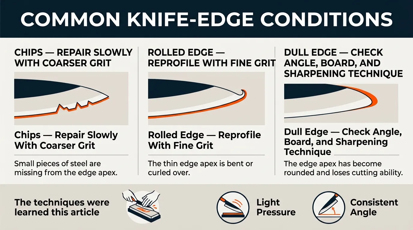 Editorial comparison showing chipped, rolled, and dull knife edges with appropriate sharpening responses