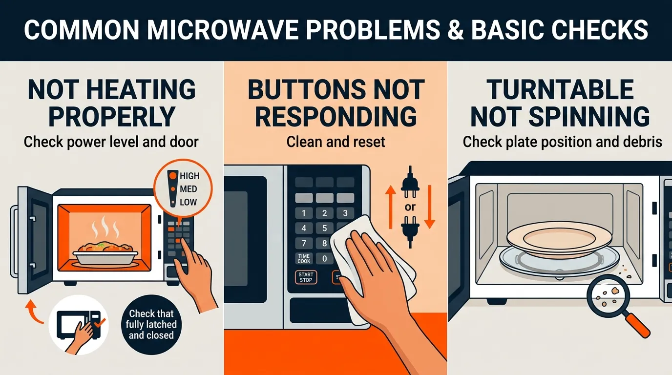 Microwave preset functions for popcorn, reheating, defrosting, and beverages