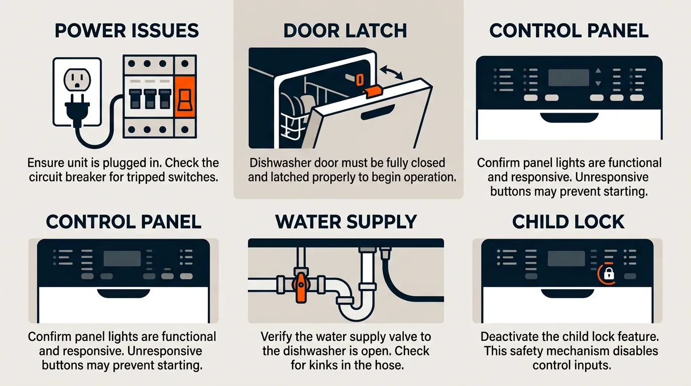 Troubleshooting infographic showing power, door latch, control panel, water supply, and child lock causes of dishwasher startup problems