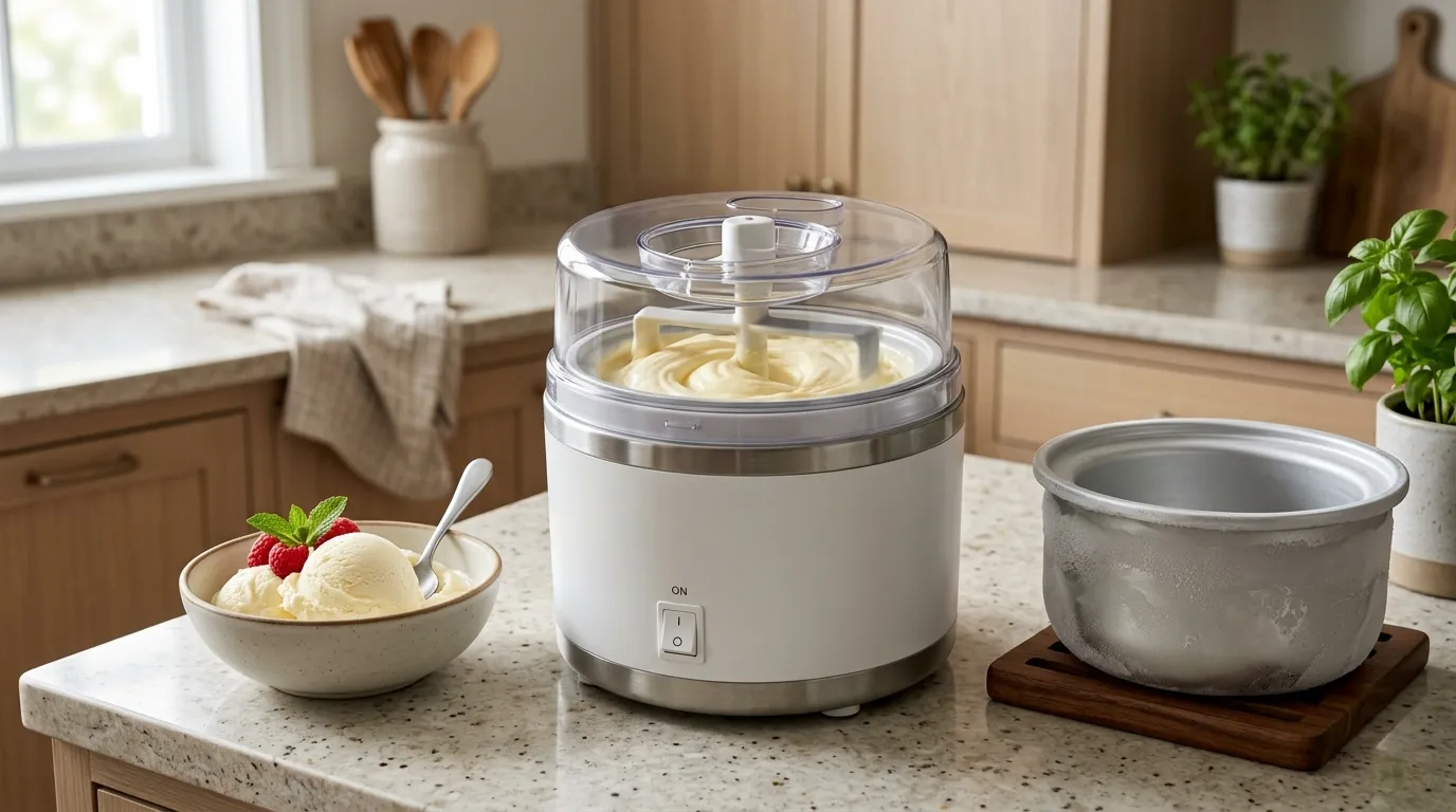 1.5-quart compact ice cream maker churning a creamy frozen dessert on a small kitchen counter