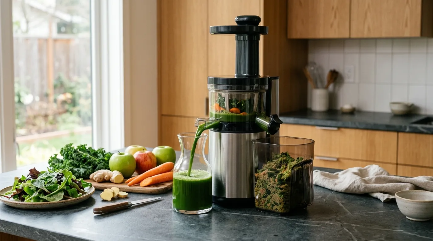 Compact cold press juicer producing smooth green juice in a quiet modern kitchen