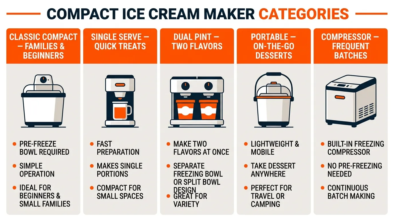 Editorial comparison graphic showing compact ice cream maker categories for families, single servings, portability, and frequent batches