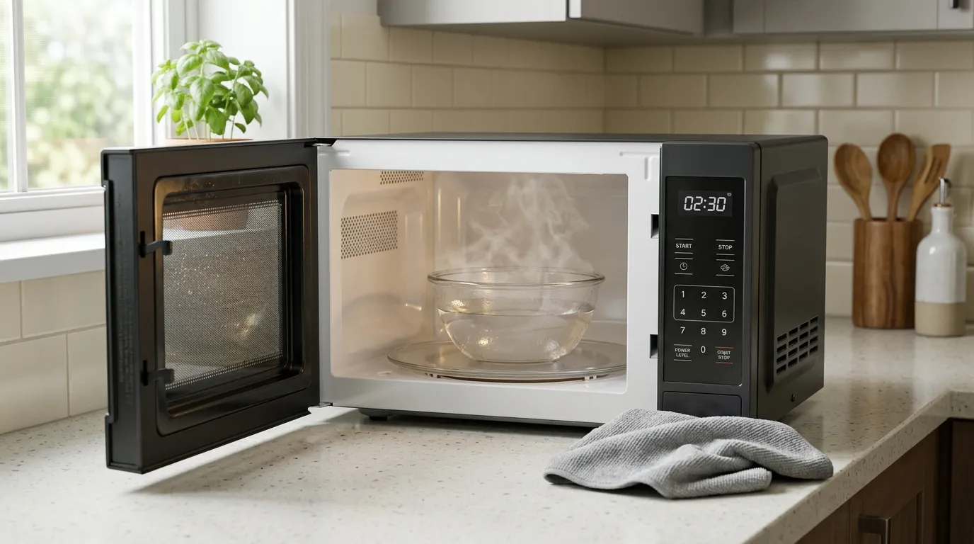 Compact countertop microwave being cleaned after a food spill using steam