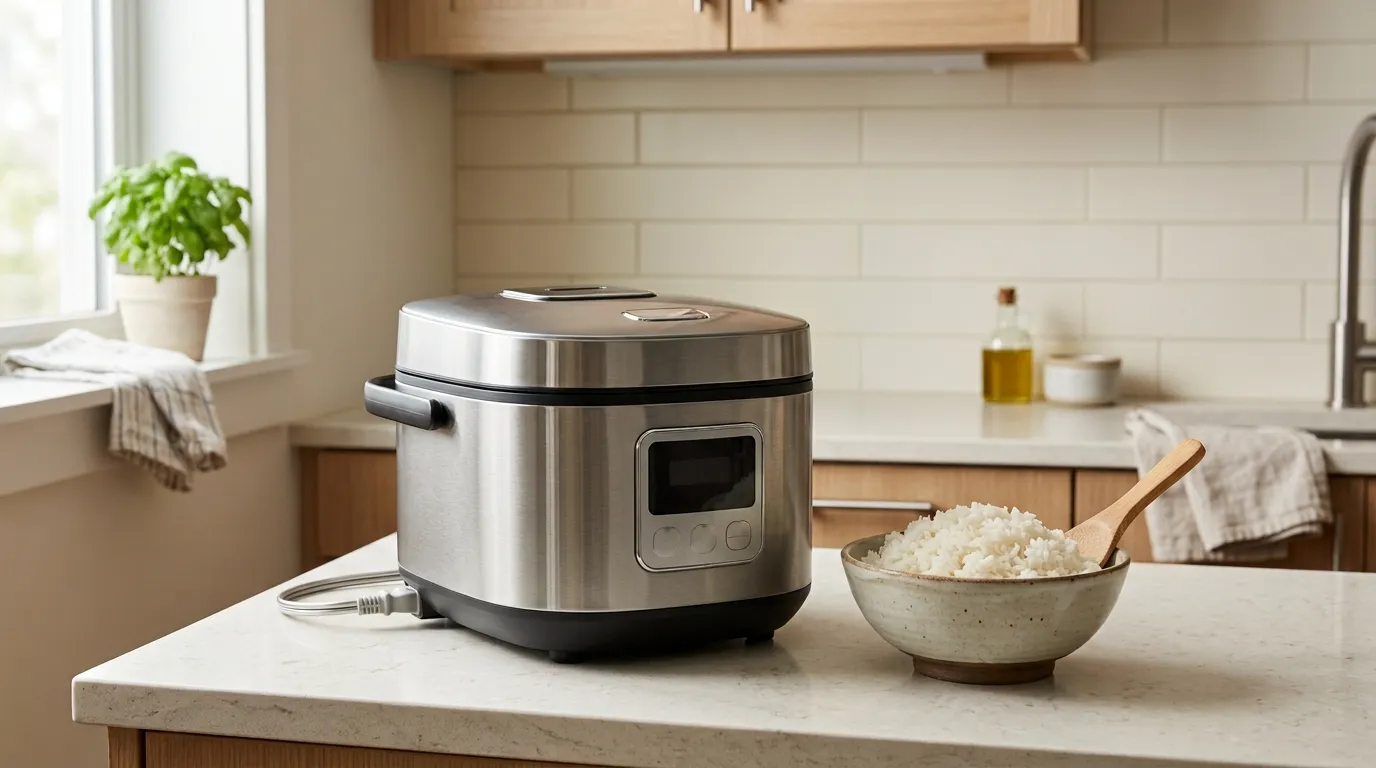 Compact premium rice cooker beside a bowl of evenly cooked jasmine rice in a small modern kitchen