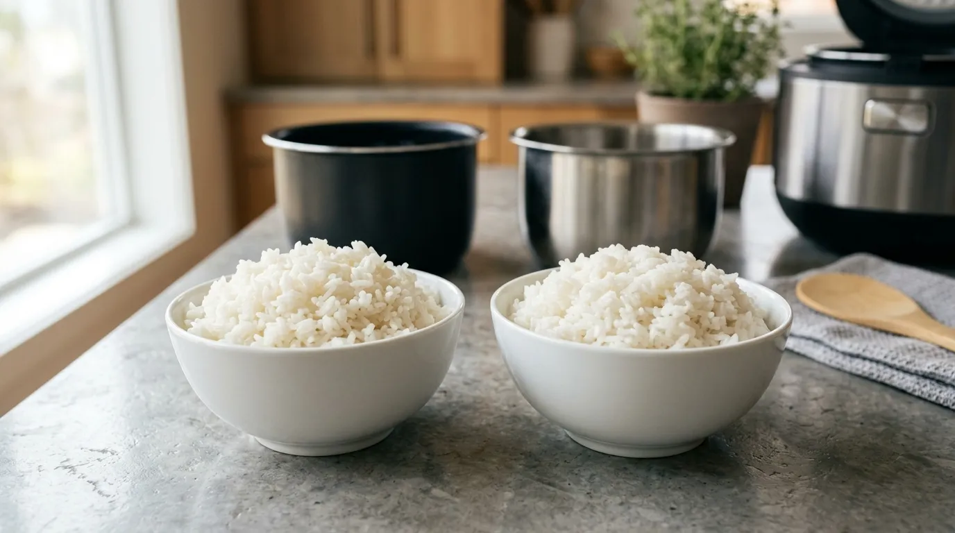 Freshly cooked fluffy white rice compared in two rice cooker serving bowls for texture and consistency