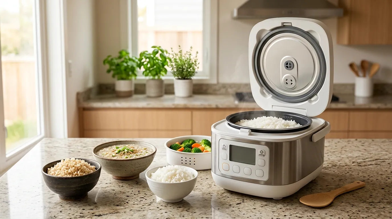Computerized rice cooker with digital controls and different cooked grains prepared for everyday meals
