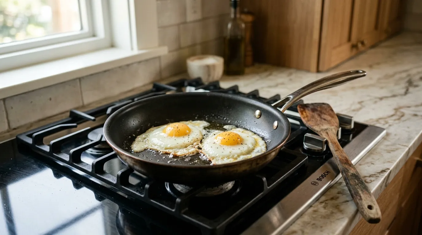 Eggs cooking gently in a nonstick frying pan over moderate stovetop heat