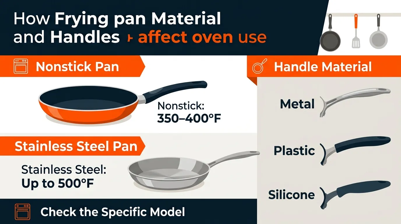 Infographic comparing nonstick and stainless steel frying pans with different handle materials for oven use