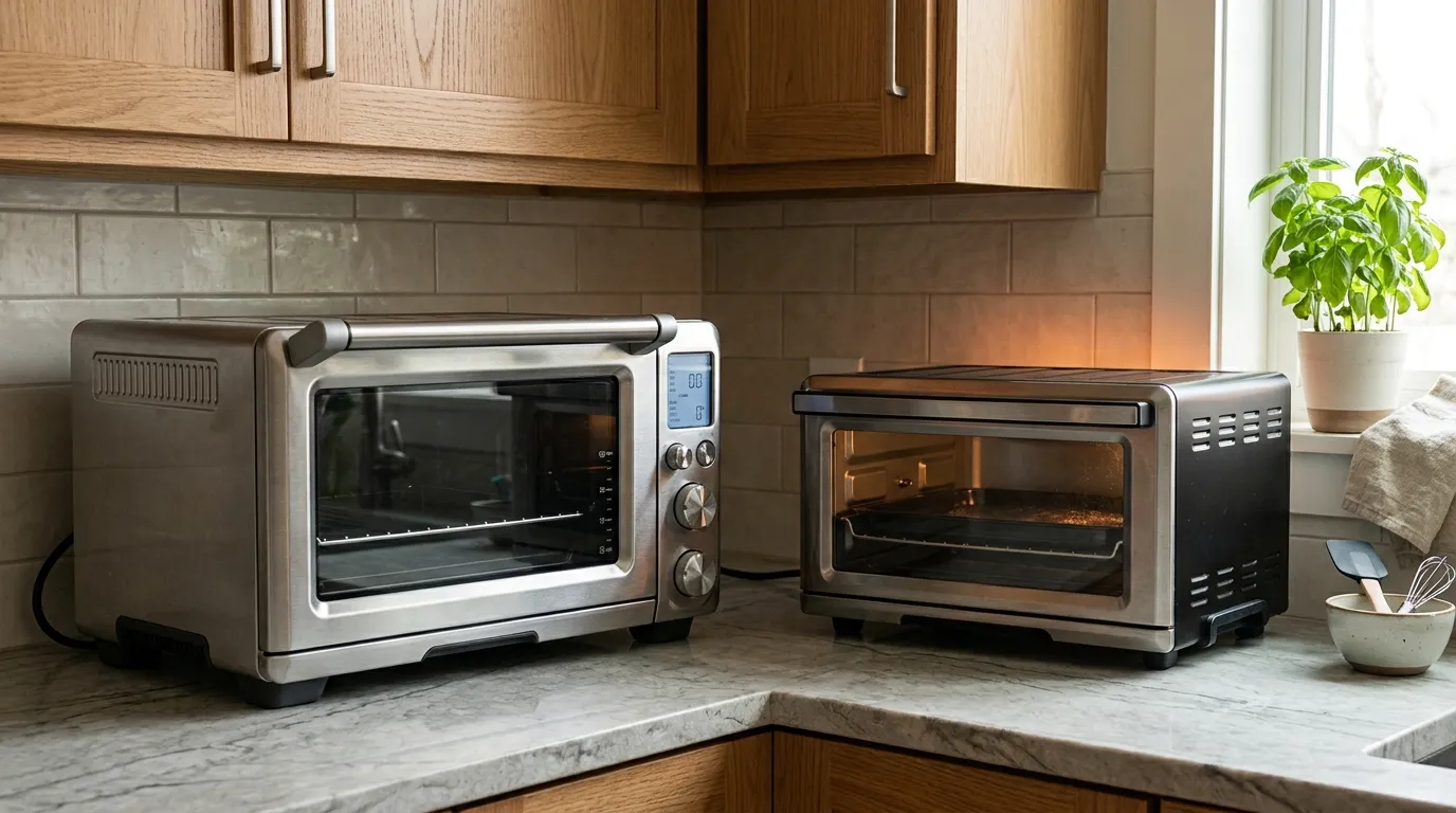 Two countertop toaster ovens shown with different footprints and safe clearance around kitchen walls and cabinets