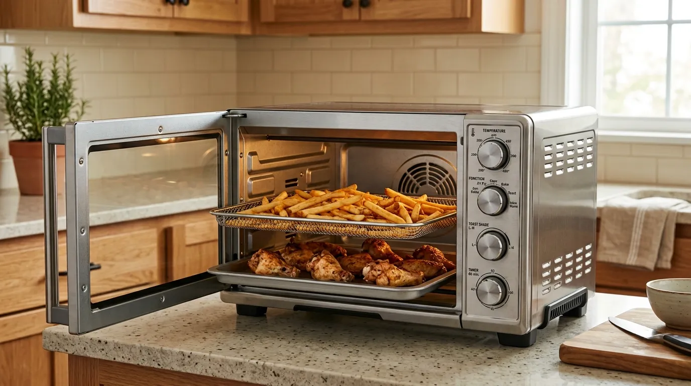 Countertop toaster oven air frying frozen fries and hot wings with a convection fan in a home kitchen