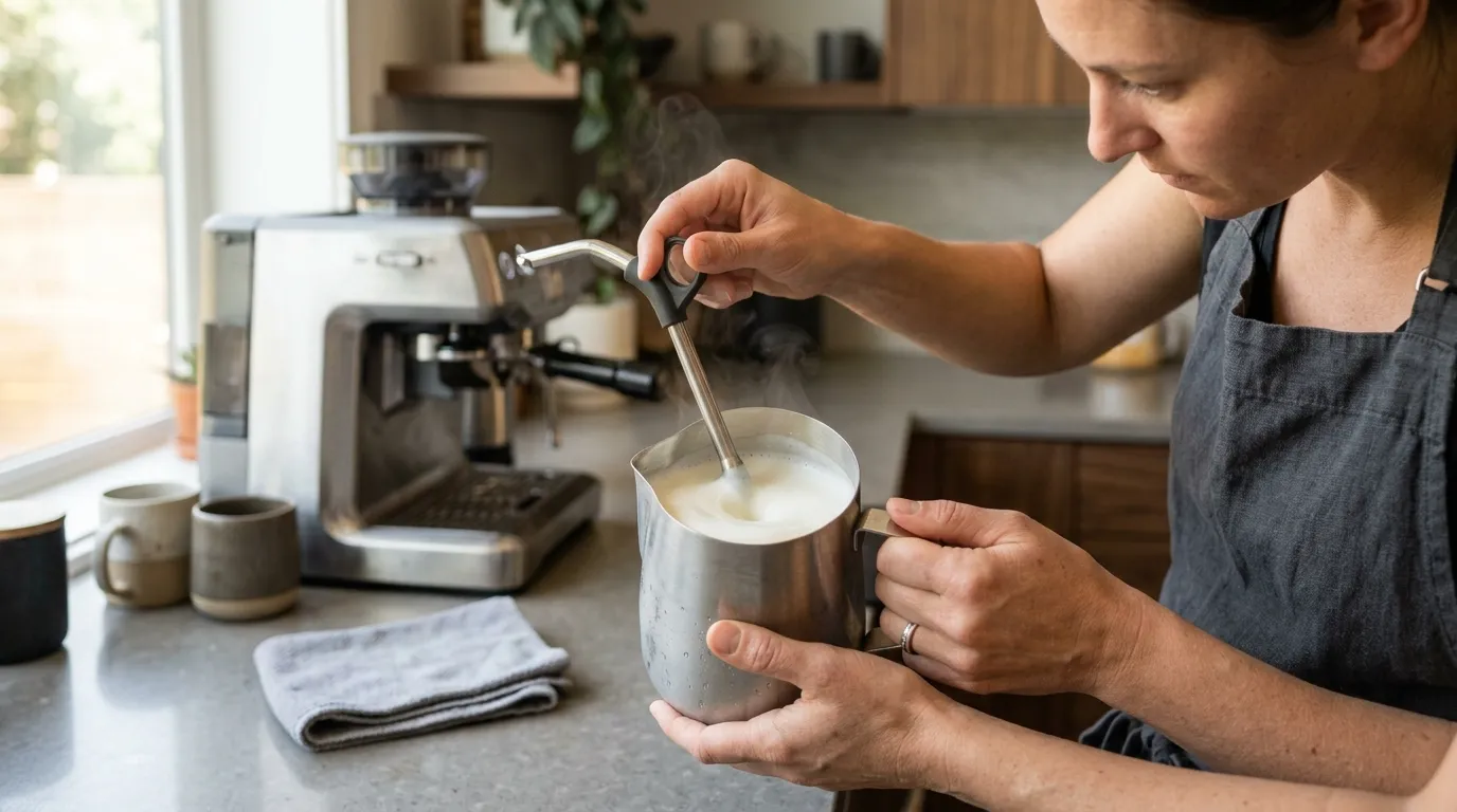 Home barista steaming cold milk in a stainless steel pitcher to create smooth microfoam