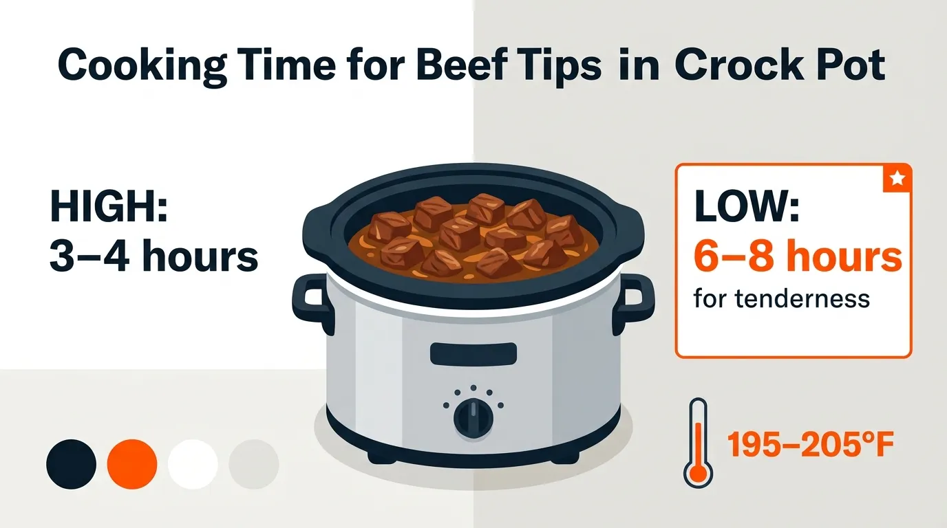 Slow cooker beef tips cooking time comparison showing low and high heat settings