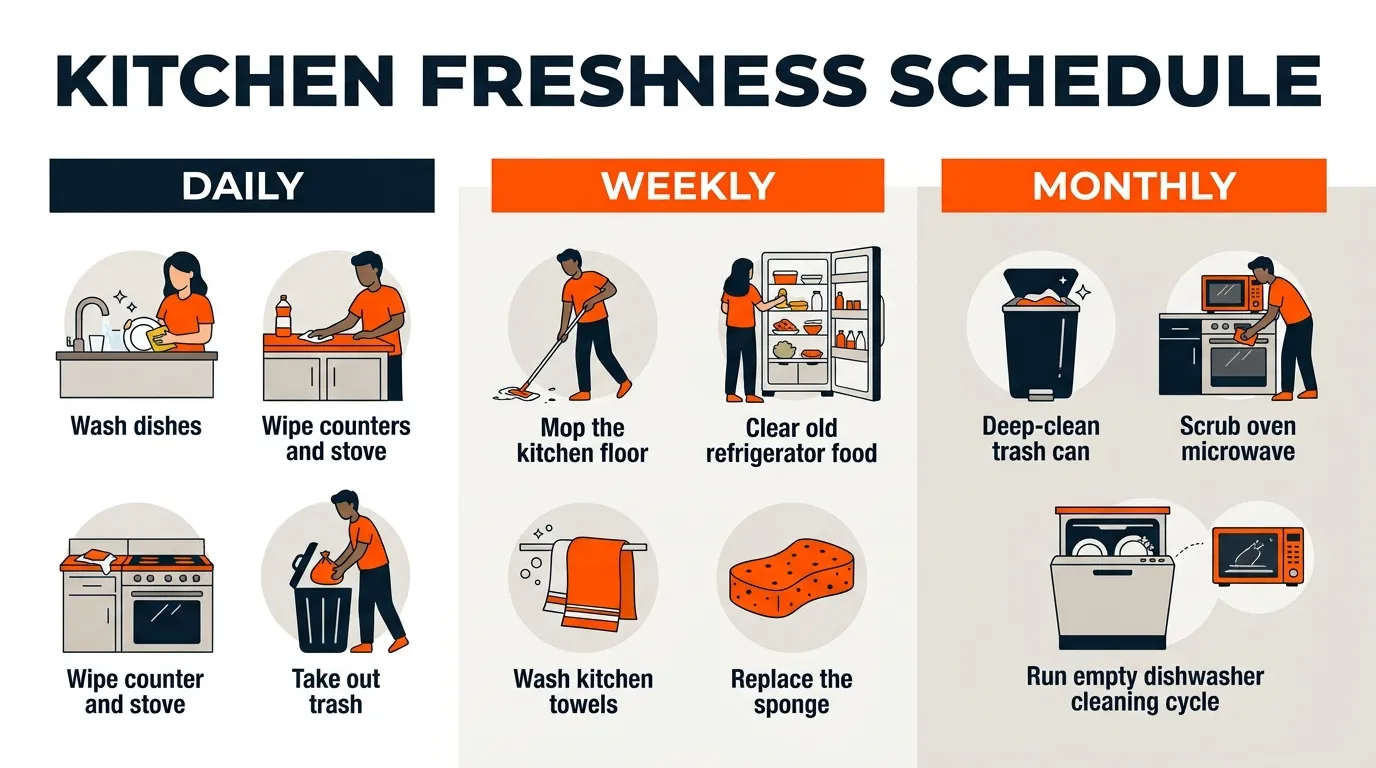 Kitchen cleaning schedule showing daily, weekly, and monthly habits for maintaining a fresh kitchen