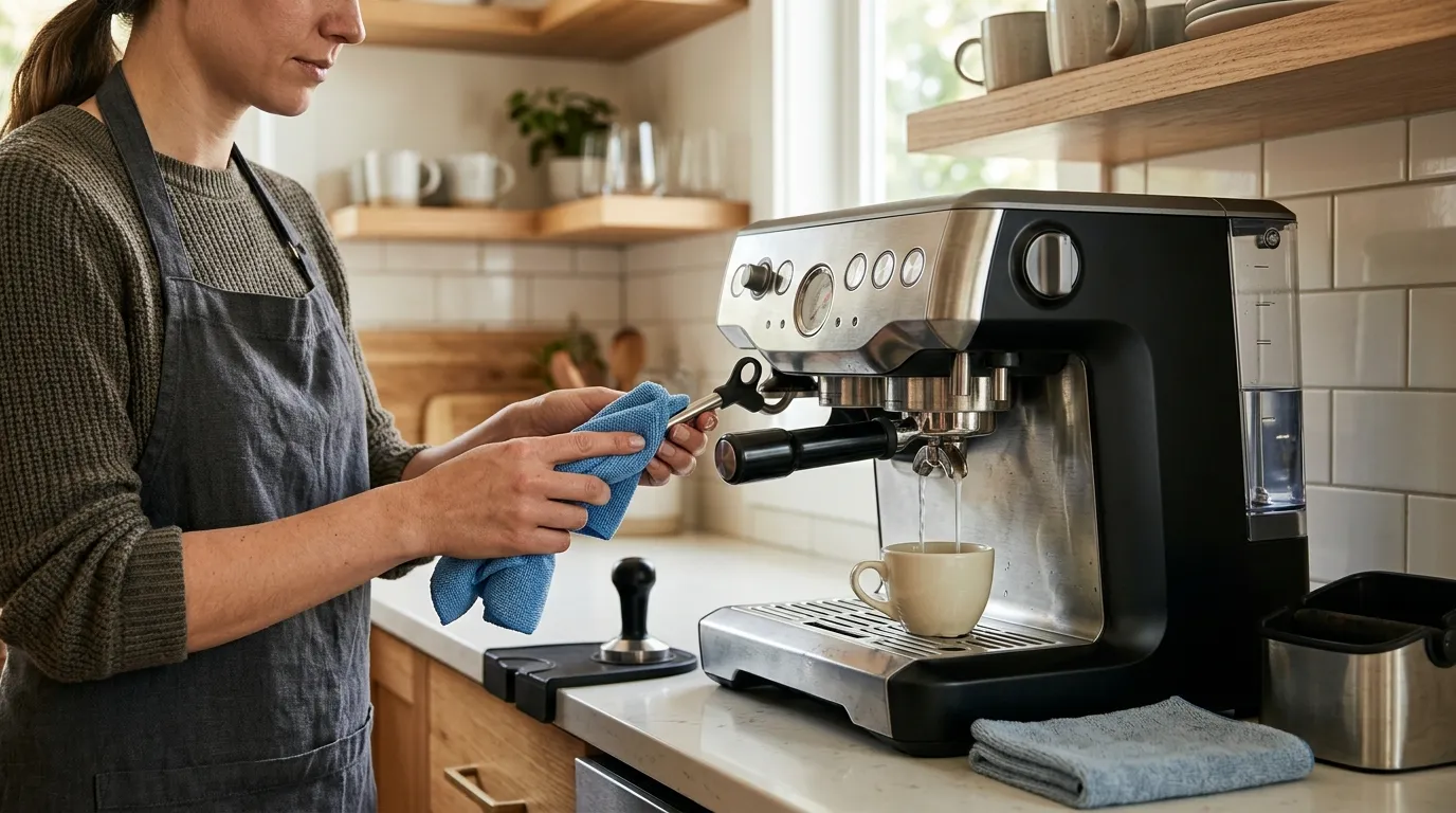 Clean espresso machine with steam wand being wiped and water-only maintenance cycle prepared for regular care