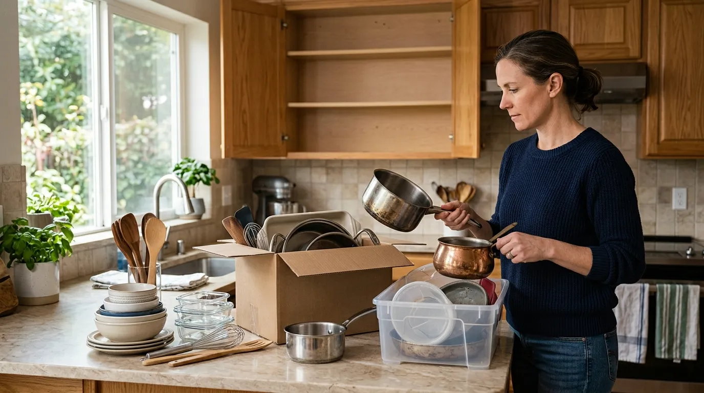 Kitchen cabinet contents sorted into keep, give-away, and trash groups during a decluttering session